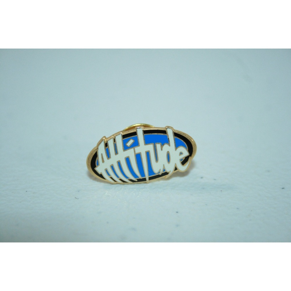 Vintage Attitude Spell Out Blue Gold Black White Pinback Lapel Pin - Picture 1 of 2